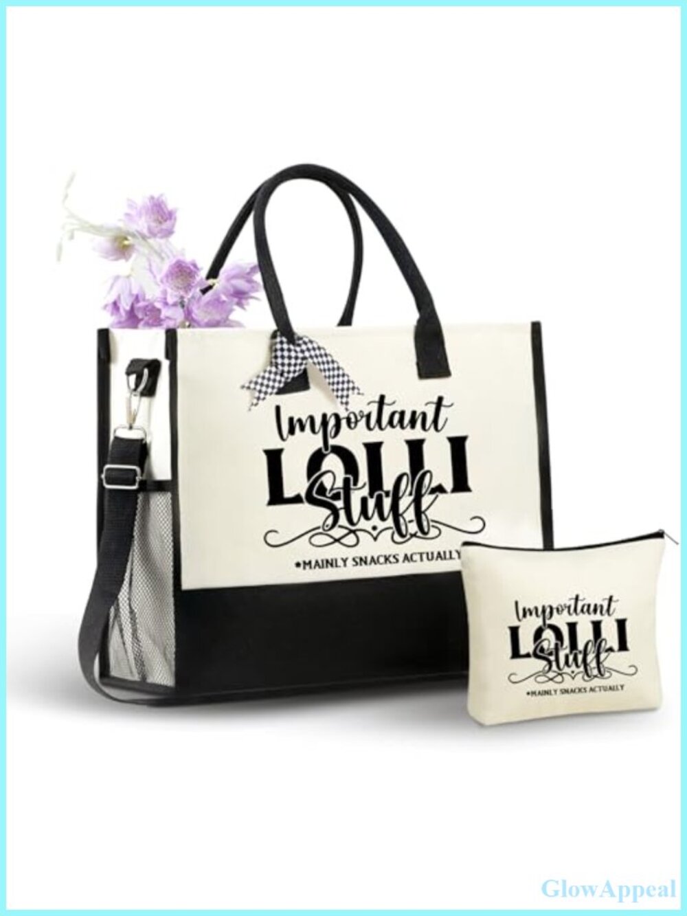 Canvas Tote Bag Set with Makeup Pouch Top Zipper Shoulder Strap